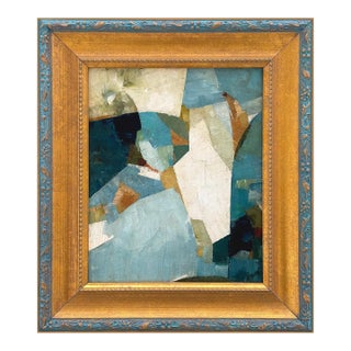 Blue and Green Abstract Oil Painting in Vintage Frame For Sale