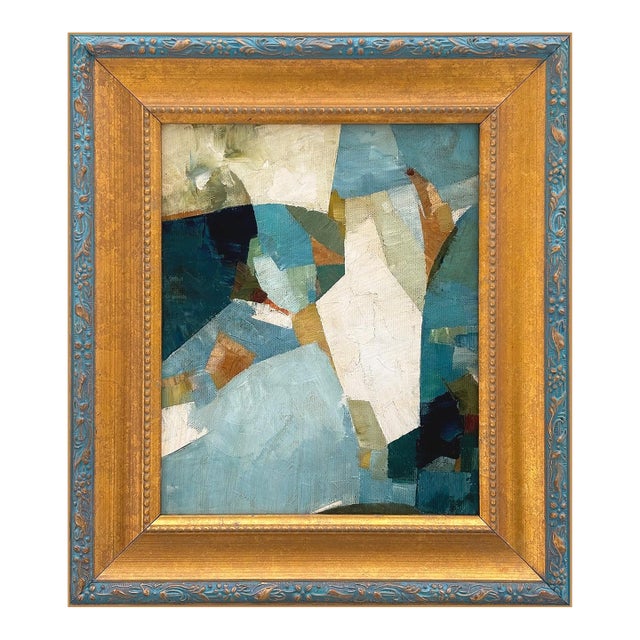 Blue and Green Abstract Oil Painting in Vintage Frame For Sale