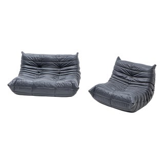 Togo Set in Grey Leather by Michel Ducaroy for Ligne Roset, 1990s, Set of 2 For Sale