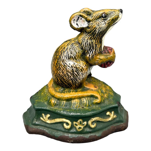 Vintage Painted Cast Iron Mouse Doorstop – Whimsical Cottagecore Decor For Sale