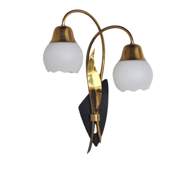 Scandinavian Organic 2-Arm Wall Light in Brass and Opaline, 1940s For Sale