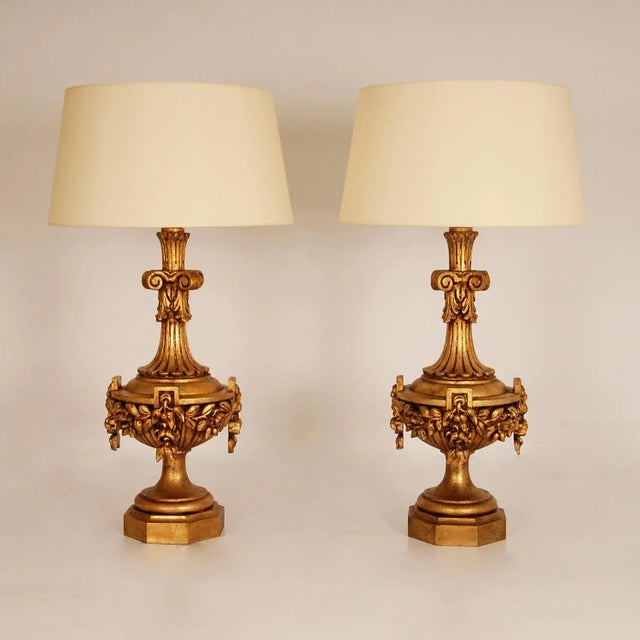 Italian Lamps XL Carved Giltwood Gold Neoclassical Urn Vases Table Lamps - A Pair For Sale - Image 12 of 12