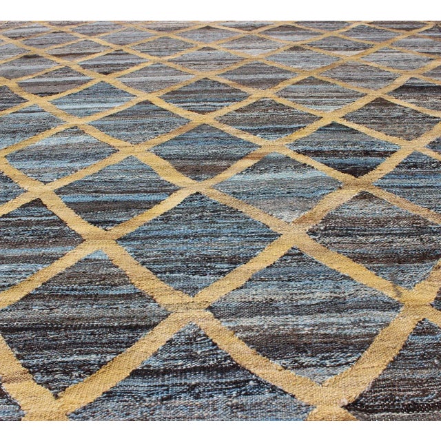 Textile Keivan Woven Arts Flat-Weave Kilim in Diamond Gold Design With Blue and Charcoal For Sale - Image 7 of 12