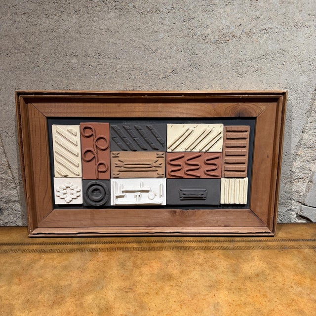 1980s Modern Pottery Tile Wall Art Framed Wood, Geometric Design Mid-Century Mod For Sale - Image 12 of 12