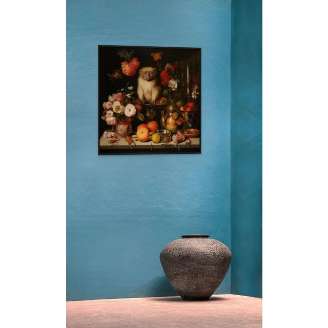 Framed 30' X 30' Collector Fine Art Print 'Still Life With Fruits, Flowers and Monkey' For Sale - Image 4 of 6