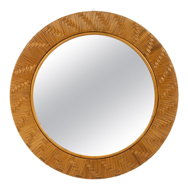 Mid-Century Round Rattan and Wicker Wall Mirror in the style of Vivai del Sud, Italy, 1970s For Sale