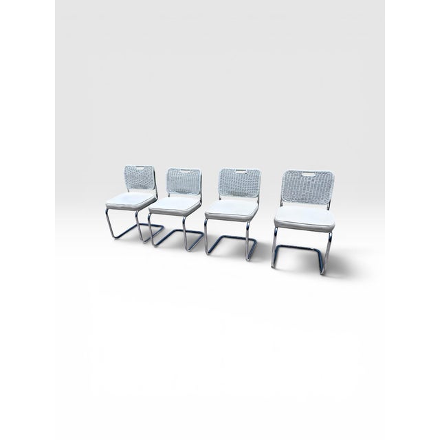Mid-Century Modern Vintage Set of Four Chrome Cantilever Dining Chairs With White Woven Rattan Backs For Sale - Image 3 of 11