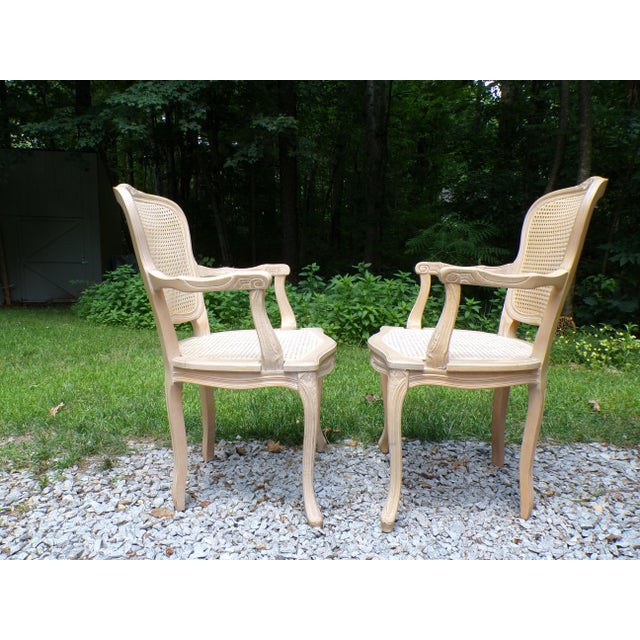 Vintage Pair Harris Marcus Italian Double Cane Arm Chairs Carved Accent Chairs For Sale - Image 11 of 18