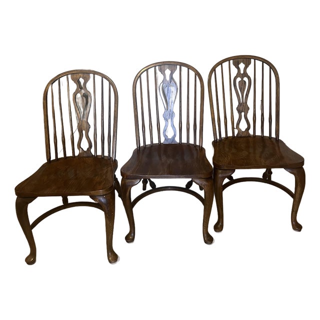 Late 20th Century Set of 3 Solid Oak Rustic Americana Bowback Windsor Dining Side Chairs For Sale