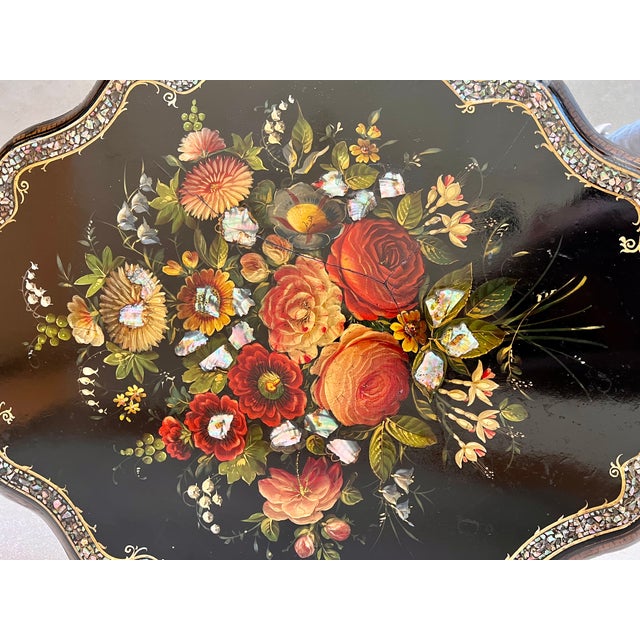 19th Century Victorian Hand Painted & Ebonized Tilt-Top Side Table With Inlays For Sale - Image 12 of 13