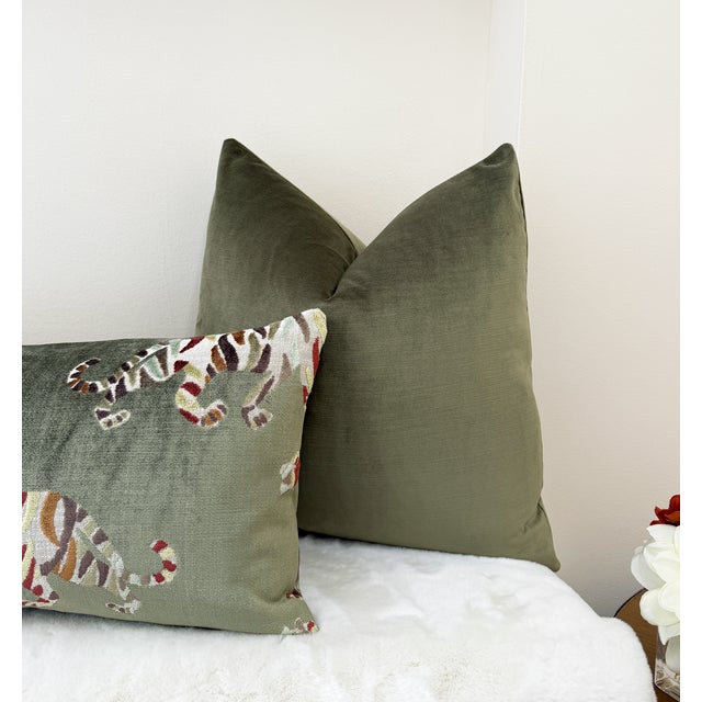 Modern Olive Green 20x20 Velvet Throw Pillow With Feather Down Insert For Sale - Image 3 of 5