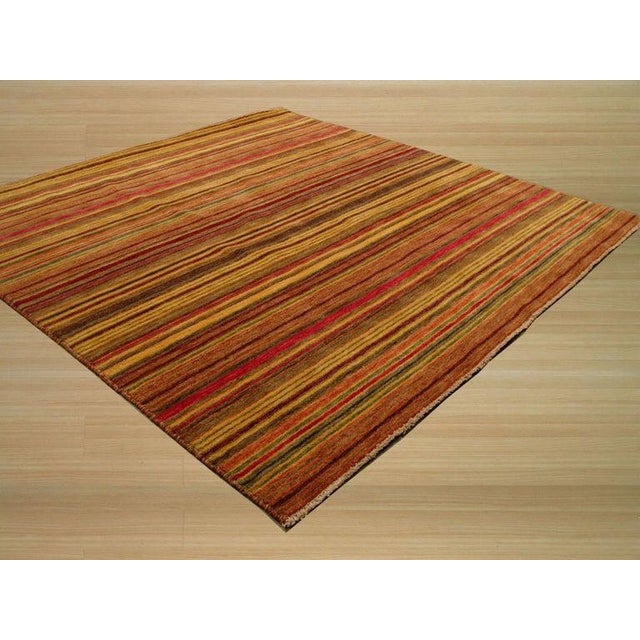 Camel 4x6 Multicolor Flat Weave Wool Earthen Banding Striped Modern Carpet Rug For Sale - Image 8 of 11
