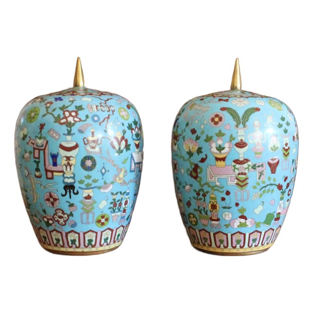 Pair Chinese Export Turquoise Cloisonneé Lidded Jars For Sale