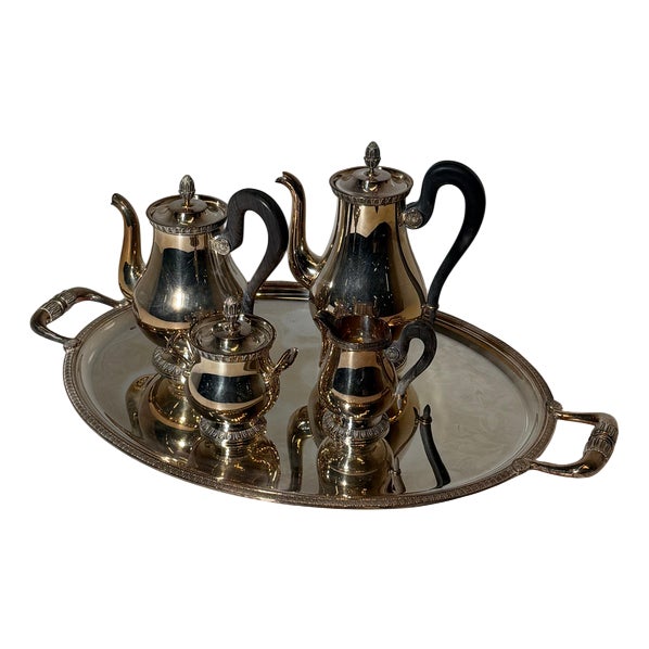 French Silver-Plated Malmaison Coffee or Tea Service with Tray from Christofle, Set of 5 For Sale