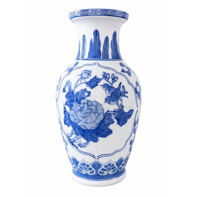 Chinese Vintage Chinese Blue & White Porcelain Floral and Bird Vase With Greek Key Border For Sale - Image 3 of 4