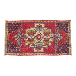Vintage Small Turkish Rug Hand-Knotted Mat Enty Decor, Kitchen Accent, Laundry Room Art 19" X 36" For Sale