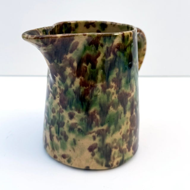 Folk Art Antique Illinois Morton Pottery Small Pitcher – Woodland Green, Yellow & Brown Spongeware, Folk Art Stoneware For Sale - Image 3 of 6