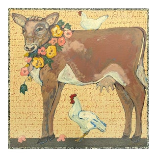 Late 20th Century Cow With Chickens, Acrylic on Canvas, American, by Ira Yeager For Sale