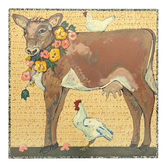 Late 20th Century Cow With Chickens, Acrylic on Canvas, American, by Ira Yeager For Sale