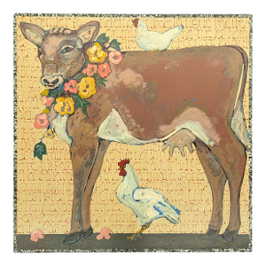 Late 20th Century Cow With Chickens, Acrylic on Canvas, American, by Ira Yeager