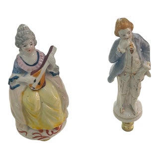 Antique Porcelain Couple Musicians Figurines Lamp Finials - a Pair For Sale