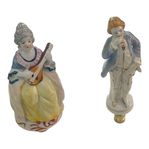 Antique Porcelain Couple Musicians Figurines Lamp Finials - a Pair
