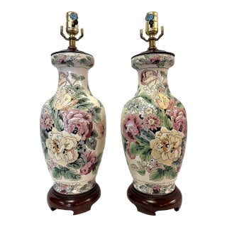 Vintage Ceramic Vase Lamps With Elegant Floral Design on Wood Plinths- A Pair For Sale