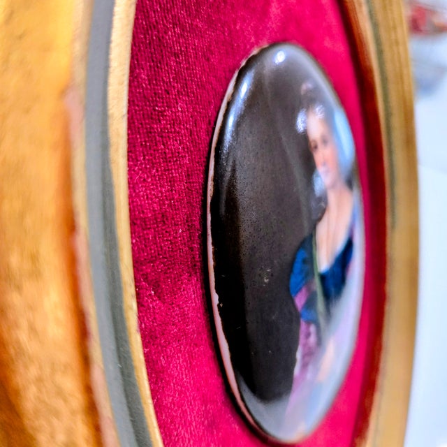 Mid 20th Century Mid 20th Century Hand-Painted Porcelain Portrait Plaque After Titian’s “La Bella” in Velvet & Gilt Oval Frame With Stand For Sale - Image 5 of 9