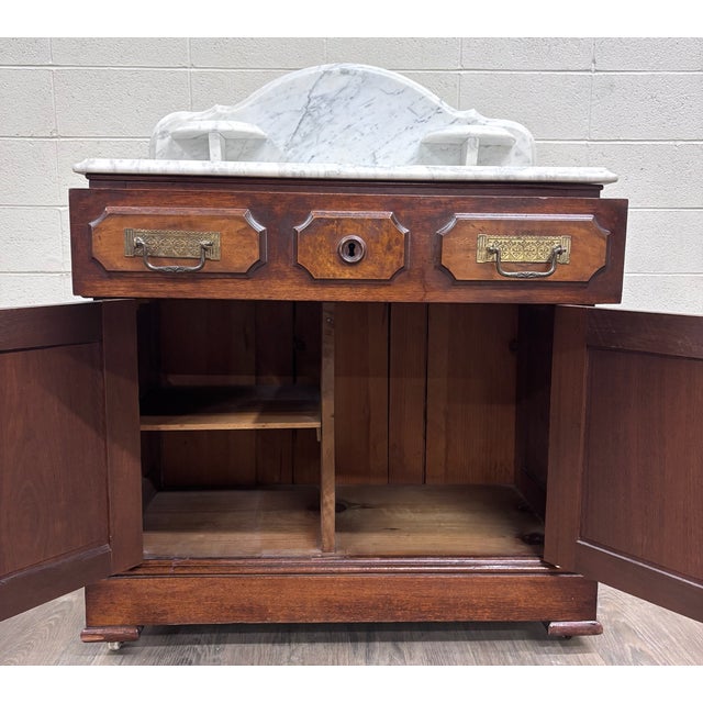 Antique Late 1800s Victorian Walnut Marble Top Washstand For Sale - Image 11 of 12
