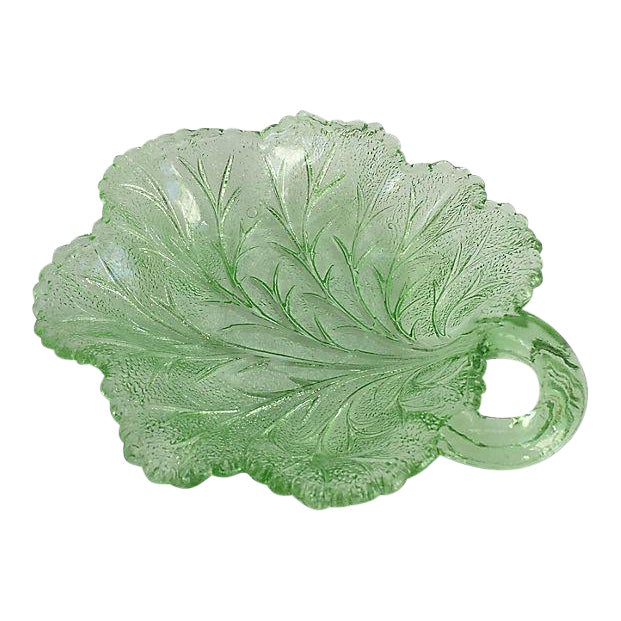 1920s Depression Glass Green Leaf Serving Plate For Sale