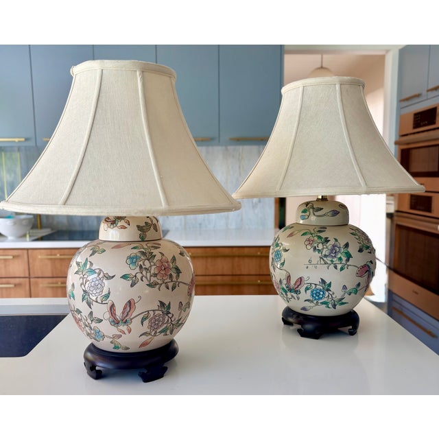 Pastel Flowers and Butterflies Chinoiserie Ginger Jar Lamps, a Pair For Sale - Image 10 of 11