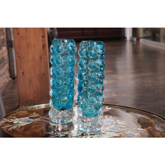 1960s Pair of 1960s Turquoise Bubble Glass Vases Attributed to Skruf of Sweden For Sale - Image 5 of 5