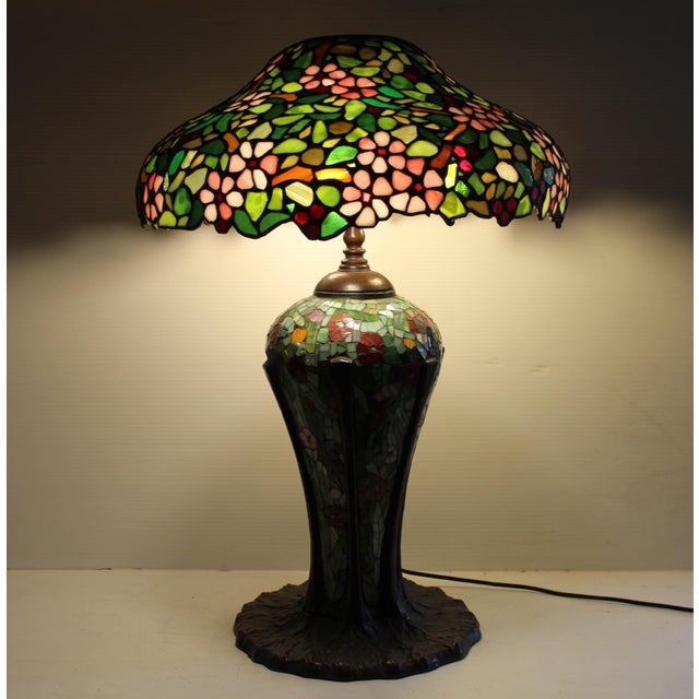 Gorgeous Tiffany-Style Art Nouveau Lamp With Bronze Base For Sale - Image 14 of 18