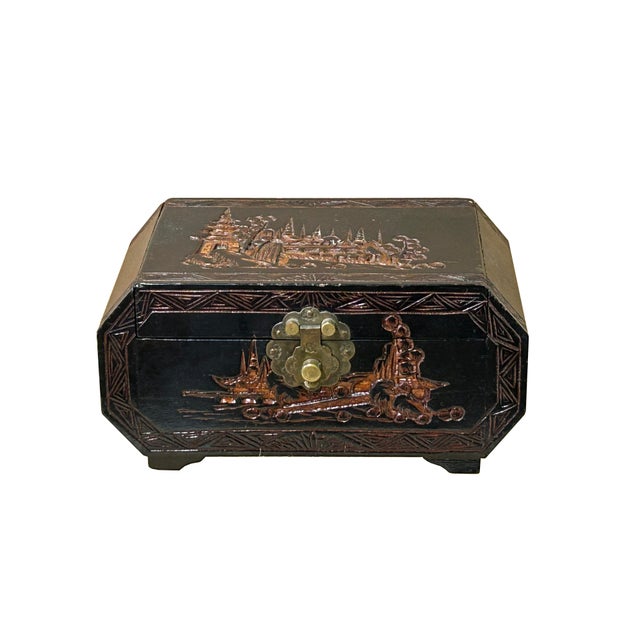 Vintage Asian Black Copper Color Scenery Motif Storage Accent Box For Sale - Image 4 of 12