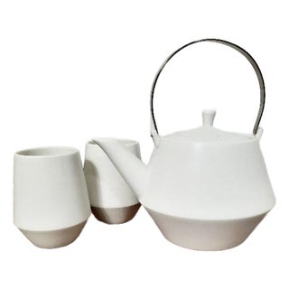 Contemporary Frustum Japanese Mino Ware Ceramic Teapot & 2 Cup Set- 3 pcs For Sale