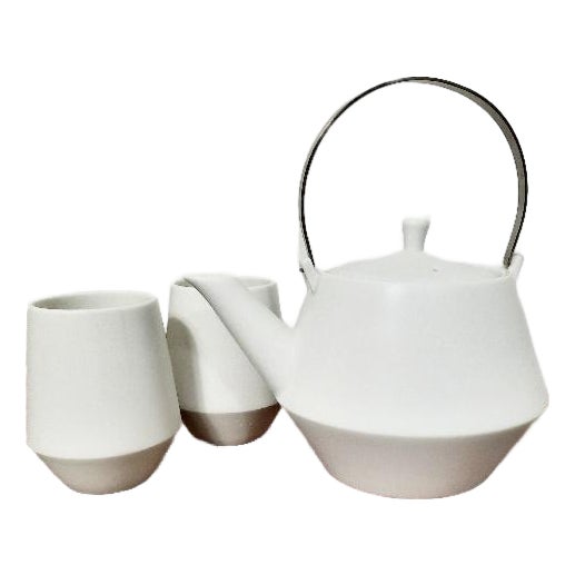 Contemporary Frustum Japanese Mino Ware Ceramic Teapot & 2 Cup Set- 3 pcs For Sale