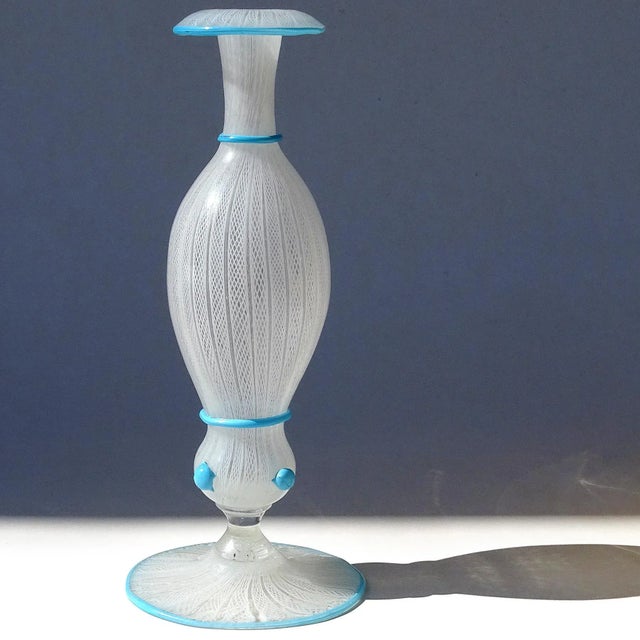 Mid-Century Modern Antique Murano White Zanfirico Ribbons Sky Blue Detals Italian Art Glass Footed Flower Vase For Sale - Image 3 of 9