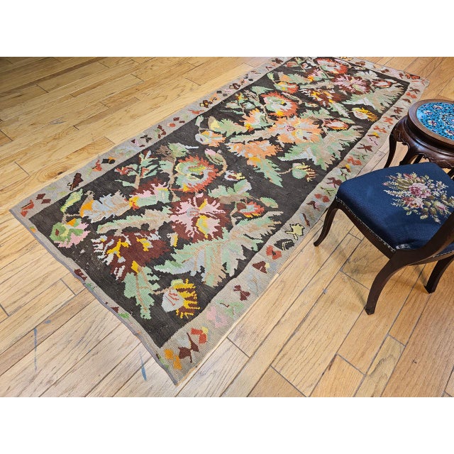 Mid 20th Century Vintage Caucasian Karabagh Kilim Runner, Handwoven Wool, Allover Floral Pattern, Brown & Tan, 5x11 For Sale - Image 5 of 16