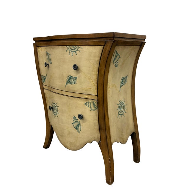 Coastal Vintage Coastal Seashell Motif Bombé Two-Drawer Accent Chest For Sale - Image 3 of 12