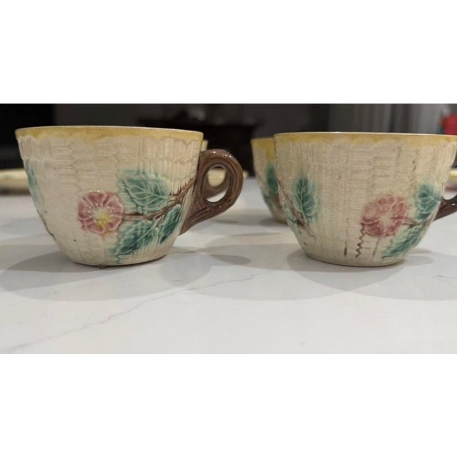 Late 19th Century Antique 19th Century Wild Rose & Basketweave Majolica Teacups & Saucers - Set of 4 For Sale - Image 5 of 8