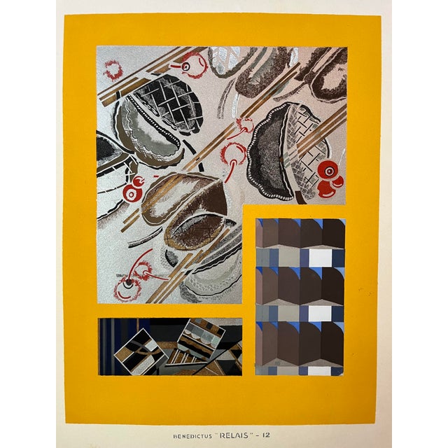 Plate number 12 from Edouard Benedictus’ “Relais” series of 1930, featuring a bold mustard backdrop and shimmering silver...