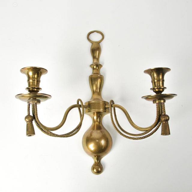 Pair of Hollywood Regency Brass Rope & Tassel Wall Sconces | Double Taper Wall Candle Holders For Sale - Image 4 of 15