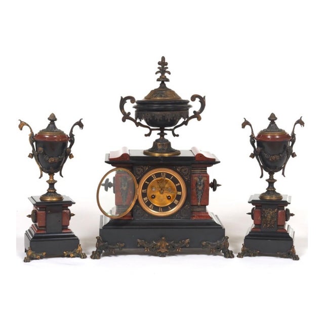 Here is a fine rouge marble and polished slate Victorian clock garniture with bronze mounts, with Jappy style full plate...
