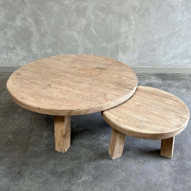 Wood Solid Round Reclaimed Elm Wood 2-Piece Nesting Coffee Table Set For Sale - Image 7 of 8