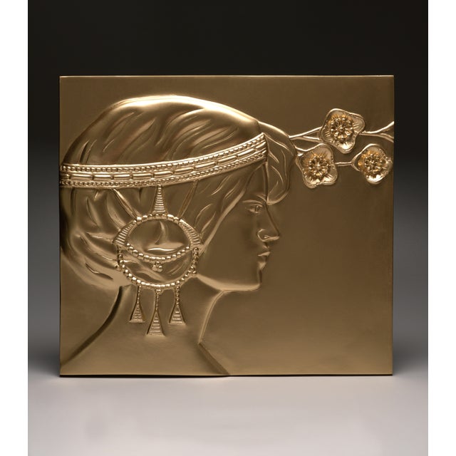Art Deco Pair of Secessionist Reliefs Made After Georg Klimt, Sculptural Golden Bas Relief With Female Profiles, Wall Object For Sale - Image 3 of 18