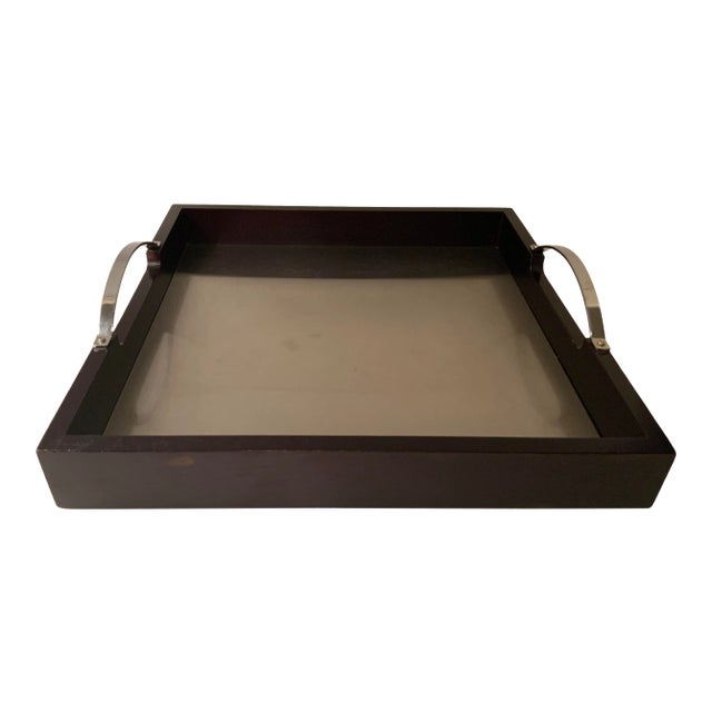 1990s Black Tray With Polished Chrome Handles and Brush Nickel Insert For Sale