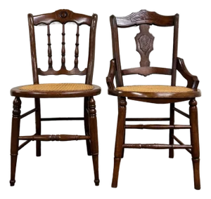 Antique Early American Style Cane Seat Dining Chairs Occasional Chairs - Pair