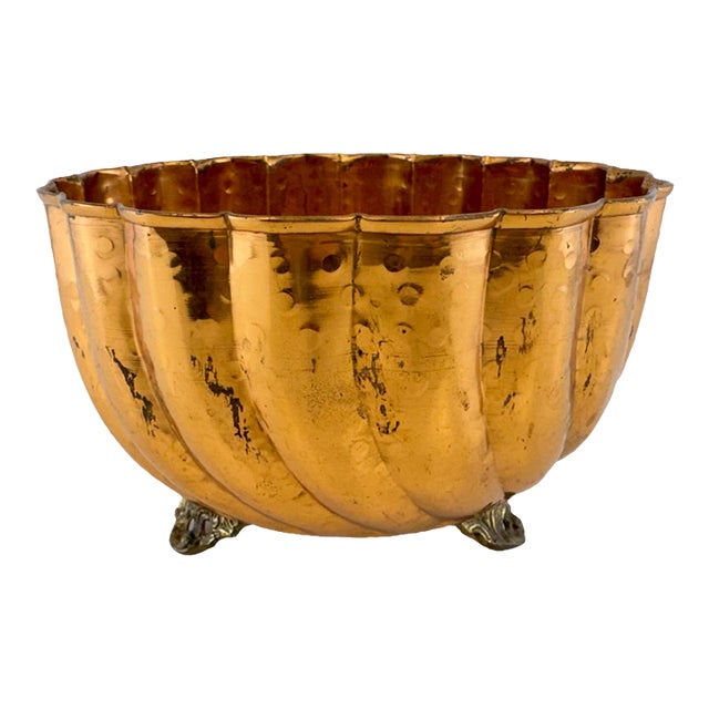 Vintage Hammered Copper Footed Planter With Scalloped Rim For Sale