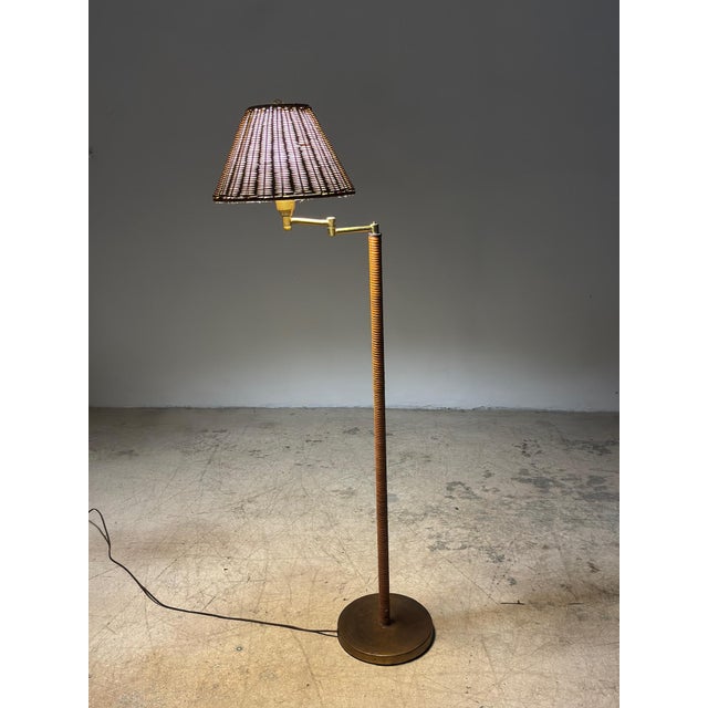 Wood Mid-Century Brass and Rattan Wrapped Floor Lamp With Wicker Shade, 1960s For Sale - Image 7 of 12