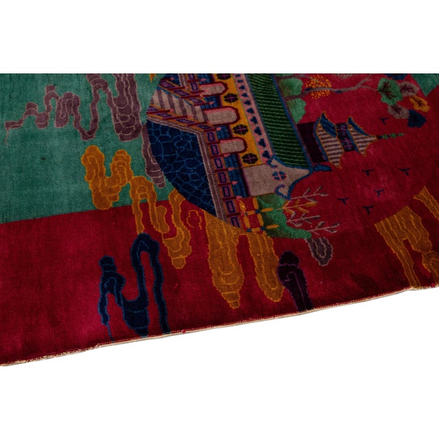 Green Green and Red Antique Art Deco Handmade Floral Chinese Wool Rug For Sale - Image 8 of 9